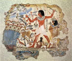 Nebamun cazando en los pantanos con su esposa e hija, parte de una pintura mural de la capilla-tumba de Nebamun, Tebas, Nuevo Reino, c.1350 a.C.